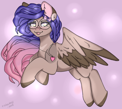 Size: 640x576 | Tagged: safe, artist:octacats, oc, oc only, pegasus, pony, blushing, female, flying, freckles, glasses, jewelry, mare, necklace, pegasus oc, solo, spread wings, tongue out, wings