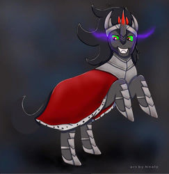 Size: 1024x1052 | Tagged: safe, artist:nnaly, imported from derpibooru, king sombra, pony, unicorn, black background, black mane, cape, clothes, colored horn, crown, curved horn, digital art, evil grin, grin, hoof shoes, horn, jewelry, male, regalia, signature, simple background, smiling, solo, sombra eyes, sombra horn, stallion, teeth