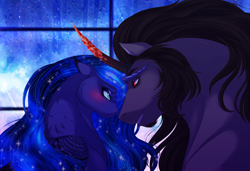 Size: 3700x2528 | Tagged: safe, artist:silverwolf866, imported from derpibooru, king sombra, princess luna, alicorn, pony, unicorn, black mane, blue mane, blushing, colored horn, curved horn, digital art, ethereal mane, female, flowing mane, horn, lidded eyes, looking at each other, looking at someone, lumbra, male, mare, night, rain, red eyes, shipping, sky, smiling, sombra horn, speedpaint, stallion, starry mane, stars, straight, teeth, window