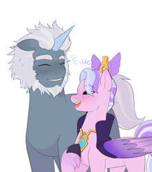 Size: 1814x2048 | Tagged: safe, artist:aztrial, imported from derpibooru, queen haven, pegasus, pony, unicorn, alphabittle blossomforth, alphahaven, beard, crown, duo, duo male and female, facial hair, female, g5, jewelry, male, mare, regalia, shipping, simple background, stallion, straight, white background