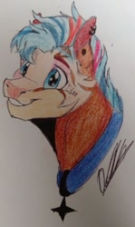 Size: 611x1024 | Tagged: safe, artist:discbreaker100, imported from derpibooru, oc, oc only, oc:estrella, hybrid, zony, bust, excited, eyebrows, grin, male, signature, smiling, solo, stallion, traditional art