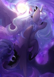 Size: 2149x3035 | Tagged: safe, artist:dreamsugar, imported from derpibooru, princess luna, alicorn, pony, ethereal mane, eyes closed, female, mare, moon, solo, starry mane
