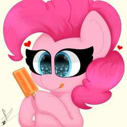 Size: 2000x2000 | Tagged: safe, artist:daftramms, imported from derpibooru, pinkie pie, earth pony, pony, cute, diapinkes, female, food, g4, heart, mare, popsicle, simple background, solo, tongue out