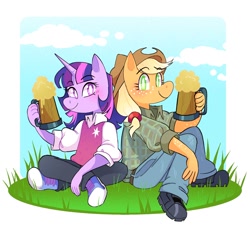 Size: 1500x1356 | Tagged: safe, artist:stevetwisp, imported from derpibooru, applejack, twilight sparkle, anthro, earth pony, plantigrade anthro, unicorn, cheers, cider, cider mug, clothes, cloud, converse, denim, duo, female, freckles, grass, hat, jeans, looking at you, mug, pants, shoes, smiling, sneakers, unicorn twilight, white pupils