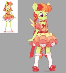 Size: 954x1055 | Tagged: safe, artist:melodylibris, imported from derpibooru, oc, oc only, anthro, pegasus, unguligrade anthro, blushing, bow, braid, clothes, dress, ear blush, female, filly, foal, frilly dress, frilly socks, gray background, lolita fashion, looking at self, looking down, mary janes, redraw, shoes, simple background, socks, solo, spread wings, standing, wings