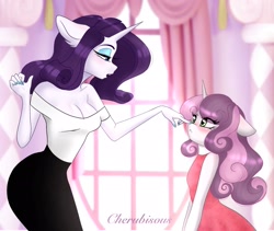 Size: 2048x1727 | Tagged: safe, artist:cherubisous, imported from derpibooru, rarity, sweetie belle, anthro, unicorn, :<, angry, boop, breasts, cleavage, clothes, cute, diasweetes, dress, female, floppy ears, lidded eyes, madorable, siblings, sisters, smiling, sweetie belle is not amused, top, unamused