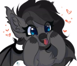 Size: 2568x2200 | Tagged: safe, artist:falafeljake, imported from derpibooru, oc, oc only, oc:moonlight dusk, bat pony, pony, chest fluff, ear fluff, eye clipping through hair, eyebrows, eyebrows visible through hair, happy, heart, raspberry, simple background, sketch, smiling, solo, spread wings, squishy cheeks, tongue out, white background, wings