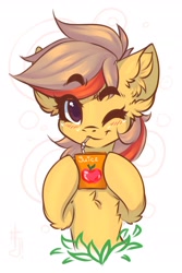 Size: 2098x3135 | Tagged: safe, artist:falafeljake, imported from derpibooru, oc, oc only, earth pony, pony, chest fluff, cute, drinking straw, ear fluff, earth pony oc, eyebrows, eyebrows visible through hair, juice, juice box, looking at you, ocbetes, one eye closed, sketch, smiling, solo, wink