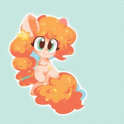 Size: 2048x2048 | Tagged: safe, artist:sunny berry, imported from derpibooru, pear butter, earth pony, pony, cute, female, flower, flower in hair, looking at you, mare, pearabetes, raised hoof, simple background, sitting, smiling, smiling at you, solo