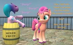 Size: 1718x1080 | Tagged: safe, artist:red4567, imported from derpibooru, izzy moonbow, sunny starscout, earth pony, pony, unicorn, 3d, atg 2022, barrel, braided ponytail, dialogue, duo, duo female, female, g5, mare, newbie artist training grounds, silly, silly pony, slurp, source filmmaker, unshorn fetlocks