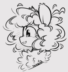 Size: 463x489 | Tagged: safe, artist:frigidmare, artist:torridline, imported from derpibooru, oc, oc:frigid, pegasus, pony, black and white, bust, curly hair, ears up, fluffy, fluffy mane, grayscale, happy, monochrome, portrait, sketch, smiling, solo