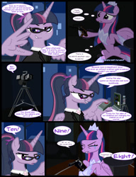 Size: 1042x1358 | Tagged: safe, artist:dendoctor, imported from derpibooru, mean twilight sparkle, twilight sparkle, alicorn, pony, comic:clone.., the last problem, alternate universe, clone, clothes, comic, computer, countdown, crying, detonator, female, g4, glasses, gun, laptop computer, older, older twilight, princess twilight 2.0, self paradox, self ponidox, twilight sparkle (alicorn), weapon, wing hands, wings