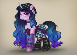 Size: 3508x2480 | Tagged: safe, artist:taytinabelle, imported from derpibooru, izzy moonbow, pony, unicorn, boots, buckle, chest fluff, choker, clothes, corset, ear fluff, ear piercing, earring, eyeshadow, female, fishnet clothing, fishnets, g5, goth, goth izzy, gradient background, headband, hot topic, jewelry, looking at you, makeup, mare, necklace, open mouth, piercing, plaid skirt, platform boots, raised hoof, scene, shoes, simple background, skirt, solo, spiked headband, studded bracelet, tan background, wristband