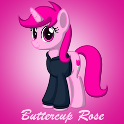 Size: 2000x2000 | Tagged: safe, artist:spacegirlss12, imported from derpibooru, oc, oc only, oc:buttercup rose, pony, unicorn, clothes, female, hoodie, horn, looking at you, mare, pink background, pink body, pink eyes, pink mane, show accurate, simple background, smiling, smiling at you, solo, text, unicorn oc