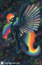 Size: 1650x2550 | Tagged: safe, artist:roxythefoxy, imported from derpibooru, rainbow dash, pegasus, pony, black coat, colored wings, multicolored wings, rainbow wings, solo, spiral, spread wings, wings