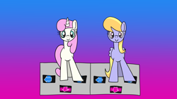 Size: 1920x1080 | Tagged: safe, artist:platinumdrop, imported from derpibooru, cloud kicker, twinkleshine, pegasus, pony, unicorn, dance dance revolution, dancing, duo, female, gradient background, mare, request