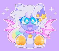 Size: 2048x1792 | Tagged: safe, artist:swirlseypop, imported from derpibooru, oc, oc only, bat pony, pony, bat pony oc, bat wings, commission, looking at you, open mouth, open smile, purple background, simple background, smiling, smiling at you, solo, spread wings, starry eyes, stars, underhoof, wingding eyes, wings, ych result