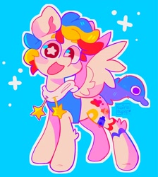 Size: 1838x2048 | Tagged: safe, artist:swirlseypop, imported from derpibooru, oc, oc only, pegasus, pony, blue background, clothes, looking at you, open mouth, open smile, pegasus oc, simple background, smiling, smiling at you, spread wings, starry eyes, stars, wingding eyes, wings