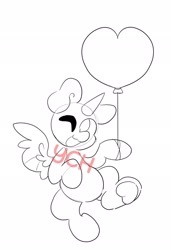 Size: 1404x2048 | Tagged: safe, artist:swirlseypop, imported from derpibooru, oc, oc only, pony, balloon, commission, heart, heart balloon, horn, looking at you, one eye closed, open mouth, open smile, simple background, smiling, smiling at you, solo, spread wings, underhoof, white background, wings, wink, winking at you, your character here