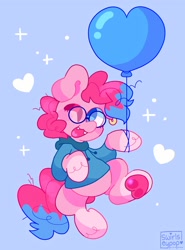 Size: 1512x2048 | Tagged: safe, artist:swirlseypop, imported from derpibooru, oc, oc only, earth pony, pony, balloon, blue background, commission, earth pony oc, fangs, heart, heart balloon, looking at you, one eye closed, open mouth, open smile, simple background, smiling, smiling at you, solo, underhoof, wink, winking at you, your character here
