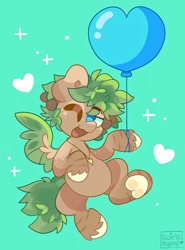 Size: 1512x2048 | Tagged: safe, artist:swirlseypop, imported from derpibooru, oc, oc only, pegasus, pony, balloon, commission, green background, heart, heart balloon, jewelry, looking at you, necklace, one eye closed, open mouth, open smile, pegasus oc, simple background, smiling, smiling at you, solo, underhoof, wink, winking at you, your character here