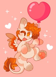 Size: 1492x2048 | Tagged: safe, artist:swirlseypop, imported from derpibooru, oc, oc only, pegasus, pony, balloon, chest fluff, commission, heart, heart balloon, leonine tail, looking at you, one eye closed, open mouth, open smile, pegasus oc, simple background, smiling, smiling at you, solo, spread wings, tail, underhoof, wings, wink, winking at you, your character here