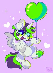 Size: 1490x2048 | Tagged: safe, artist:swirlseypop, imported from derpibooru, oc, oc only, alicorn, pony, alicorn oc, balloon, commission, glasses, heart, heart balloon, horn, looking at you, one eye closed, open mouth, open smile, purple background, simple background, smiling, smiling at you, solo, spread wings, underhoof, wings, wink, winking at you, your character here