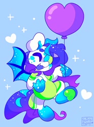 Size: 1518x2048 | Tagged: safe, artist:swirlseypop, imported from derpibooru, oc, oc only, bat pony, pony, balloon, bat pony oc, bat wings, blue background, commission, fangs, heart, heart balloon, looking at you, one eye closed, open mouth, open smile, simple background, smiling, smiling at you, solo, spread wings, underhoof, wings, wink, winking at you, your character here