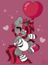Size: 1522x2048 | Tagged: safe, artist:swirlseypop, imported from derpibooru, oc, oc only, pony, unicorn, balloon, commission, heart, heart balloon, horn, looking at you, one eye closed, open mouth, open smile, red background, simple background, smiling, smiling at you, solo, underhoof, unicorn oc, white belly, wink, winking at you, your character here