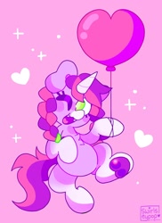 Size: 1488x2048 | Tagged: safe, artist:swirlseypop, imported from derpibooru, oc, oc only, oc:bloom moonbeam, pony, unicorn, balloon, commission, fangs, heart, heart balloon, horn, looking at you, one eye closed, open mouth, open smile, pink background, simple background, smiling, smiling at you, solo, underhoof, unicorn oc, wink, winking at you, your character here