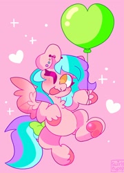 Size: 1478x2048 | Tagged: safe, artist:swirlseypop, imported from derpibooru, oc, oc only, pegasus, pony, balloon, commission, ear piercing, heart, heart balloon, looking at you, nose piercing, one eye closed, open mouth, open smile, pegasus oc, piercing, pink background, simple background, smiling, smiling at you, solo, spread wings, underhoof, wings, wink, winking at you, your character here