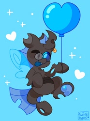 Size: 1522x2048 | Tagged: safe, artist:swirlseypop, imported from derpibooru, oc, oc only, changeling, pony, balloon, blue background, changeling oc, chest fluff, commission, fangs, glasses, heart, heart balloon, horn, looking at you, one eye closed, open mouth, open smile, simple background, smiling, smiling at you, solo, underhoof, wings, wink, winking at you, your character here