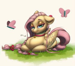 Size: 1200x1067 | Tagged: safe, artist:inkypuso, imported from derpibooru, fluttershy, butterfly, insect, ladybug, pegasus, pony, alternate hairstyle, bedroom eyes, behaving like a cat, bell, bell collar, braid, cat bell, collar, cute, folded wings, grass, lying, ponyloaf, prone, shyabetes, wings