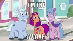 Size: 1000x562 | Tagged: safe, edit, edited screencap, imported from derpibooru, screencap, queen haven, sunny starscout, alicorn, earth pony, pegasus, pony, unicorn, spoiler:g5, spoiler:my little pony: a new generation, spoiler:my little pony: tell your tale, spoiler:tyts01e18, alicornified, alphabittle blossomforth, animated, artificial horn, artificial wings, augmented, avatar, avatar state, avatar the last airbender, female, g5, gif, grin, headset, horn, magic, magic horn, magic wings, male, mare, maretime bay, microphone, my little pony: tell your tale, on your cutie marks, race swap, smiling, spread wings, stallion, sunnycorn, text edit, transformation, trio, wings