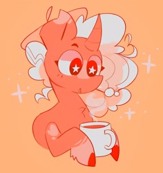 Size: 1932x2048 | Tagged: safe, artist:swirlseypop, imported from derpibooru, oc, oc only, pony, unicorn, chest fluff, cup, doodle, drink, female, hat, hoof hold, horn, looking at something, mare, simple background, solo, starry eyes, steam, unicorn oc, wingding eyes