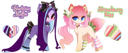 Size: 5000x2082 | Tagged: safe, artist:xsatanielx, imported from derpibooru, oc, oc only, oc:blueberry muffin, oc:strawberry kiss, pony, blue eyes, bow, clothes, collar, female, flower, flower in hair, food, mare, piercing, rcf community, simple background, stockings, strawberry, thigh highs, white background