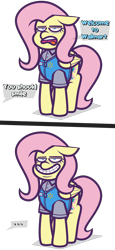 Size: 3333x7271 | Tagged: safe, artist:threetwotwo32232, imported from derpibooru, fluttershy, pegasus, pony, ..., 2 panel comic, comic, female, fluttertroll, forced smile, grin, mare, offscreen character, open mouth, simple background, smiling, solo, transparent background, walmart