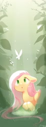 Size: 800x2204 | Tagged: safe, artist:dreamsugar, imported from derpibooru, fluttershy, butterfly, pegasus, pony, crepuscular rays, cute, daaaaaaaaaaaw, female, floppy ears, folded wings, forest, looking at something, looking up, lying down, mare, open mouth, outdoors, prone, shyabetes, solo, sunlight, vertical, wings