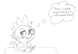 Size: 1385x967 | Tagged: safe, artist:friendshipishorses, imported from derpibooru, spike, atg 2022, implied rarity, implied shipping, implied sparity, implied straight, monochrome, newbie artist training grounds, sketch, solo, thought bubble, traditional art