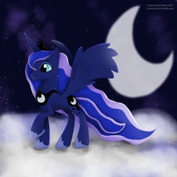 Size: 2000x2000 | Tagged: safe, artist:nnaly, imported from derpibooru, princess luna, alicorn, pony, cloud, crescent moon, ethereal mane, ethereal tail, high res, hoof shoes, jewelry, long mane, moon, on a cloud, peytral, princess shoes, regalia, slim, solo, spread wings, standing on a cloud, starry mane, starry tail, tail, wings