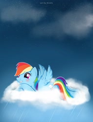 Size: 2000x2635 | Tagged: safe, artist:nnaly, imported from derpibooru, rainbow dash, pegasus, pony, backwards cutie mark, cloud, grin, high res, lying down, lying on a cloud, on a cloud, smiling, solo