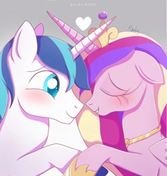 Size: 2000x2104 | Tagged: safe, artist:nnaly, imported from derpibooru, princess cadance, shining armor, alicorn, pony, unicorn, female, floating heart, heart, holding hooves, husband and wife, male, shiningcadance, shipping, straight