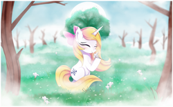 Size: 6695x4142 | Tagged: safe, artist:nnaly, imported from derpibooru, oc, oc only, oc:reverie, pony, unicorn, absurd resolution, bow, eyes closed, female, flower, fog, hair bow, mare, meadow, outdoors, solo, sun, tree