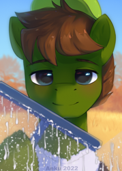 Size: 2500x3500 | Tagged: safe, artist:anku, imported from derpibooru, oc, oc only, earth pony, pony, solo, squeegee, water, window