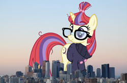 Size: 1680x1100 | Tagged: safe, artist:sketchmcreations, artist:thegiantponyfan, imported from derpibooru, moondancer, pony, unicorn, clothes, female, giant pony, giant unicorn, giantess, glasses, highrise ponies, irl, japan, macro, mare, mega giant, mega/giant moondancer, photo, ponies in real life, sweater, tokyo