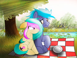 Size: 2975x2235 | Tagged: safe, artist:fededash, imported from derpibooru, oc, oc only, oc:strenshoe starry, oc:venus, earth pony, pegasus, crepuscular rays, duo, floppy ears, glass, pegasus oc, picnic, picnic blanket, sitting, sun, tree, water