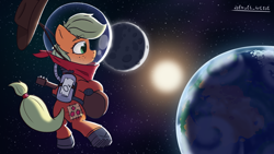 Size: 3840x2160 | Tagged: safe, artist:d3f4ult_4rt1st, imported from derpibooru, applejack, earth pony, pony, applejack's hat, bandana, cowboy hat, earth, guitar, hat, moon, musical instrument, solo, space, spacesuit, sun