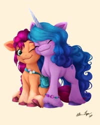 Size: 1080x1350 | Tagged: safe, artist:allisonpopick, imported from derpibooru, izzy moonbow, sunny starscout, earth pony, pony, unicorn, cute, duo, eyes closed, female, g5, izzybetes, izzyscout, lesbian, mare, nuzzling, one eye closed, shipping, simple background, sunnybetes