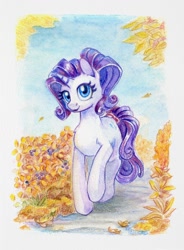 Size: 884x1200 | Tagged: safe, artist:maytee, imported from derpibooru, rarity, pony, unicorn, autumn, colored pencil drawing, cute, female, horn, leaves, mare, raribetes, solo, traditional art, walking