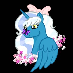Size: 1000x1000 | Tagged: safe, artist:moonprincesskitty90, imported from derpibooru, oc, oc:fleurbelle, alicorn, butterfly, pony, alicorn oc, black background, bow, butterfly on nose, female, flower, hair bow, horn, insect on nose, mare, simple background, wings, yellow eyes